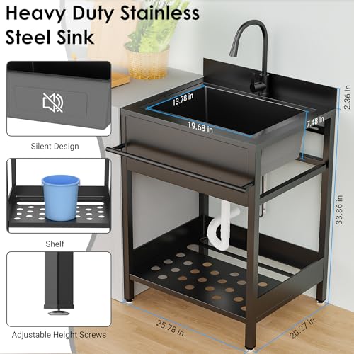 26 Inch Utility Sink, 304 Stainless Steel Sink Free Standing Sink with Cold and Hot Water Pull-out Faucet, Heavy Duty Laundry Sinks for Workshop