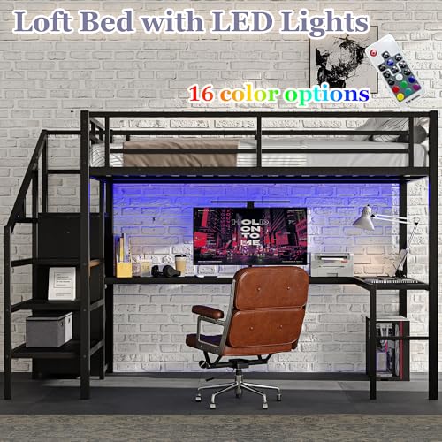 Bellemave Full Size Metal Loft Bed with L Shaped Desk and Wardrobe, Heavy Duty Loft Bed Frame with Storage Stairs