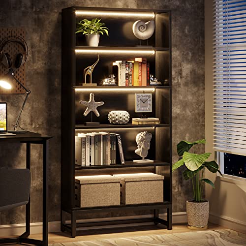 Tribesigns Tall Bookcase Black Bookshelf, 70.8” Large Bookcases Organizer with LED Lights