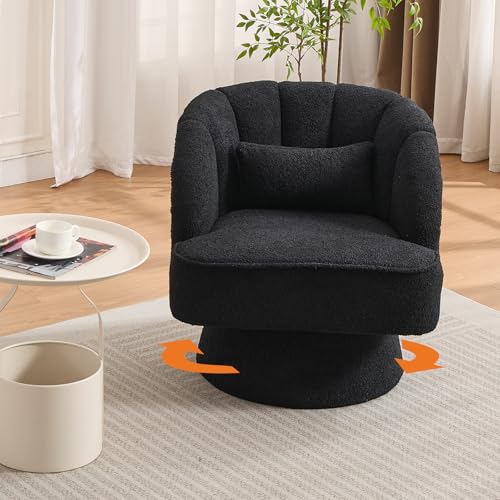 GarveeHome Modern Swivel Barrel Accent Chair, 360° Teddy Fabric Upholstered Armchair with Striped Backrest & Plush Padding