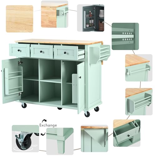 55.7'' Large Kitchen Island with 2 Drop Leaf, Rolling Kitchen Cart on 5 Wheels with Power Outlet