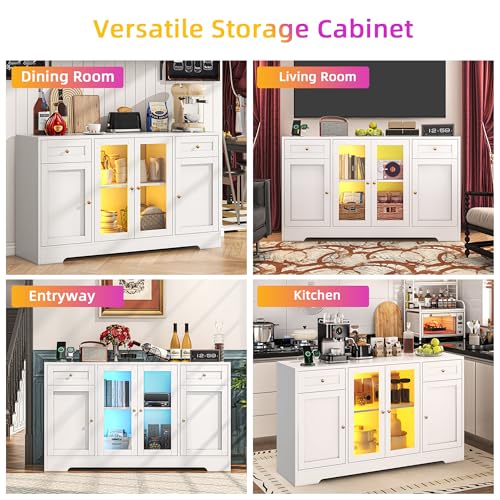 LED Coffee Bar Cabinet with Storage, 55'' Large Sideboard Buffet Cabinet, Wood Coffee Bar Buffet Table with 4 Doors and Charging Station