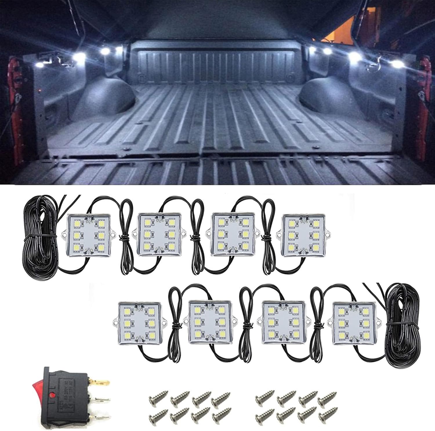 NBWDY 8PCS White Led Truck Bed Lights Kit,IP67 Waterproof 48 LED Rock Light,LEDs Cargo Pickup Bed Lighting Kits for Off Road Under Car, Foot Wells
