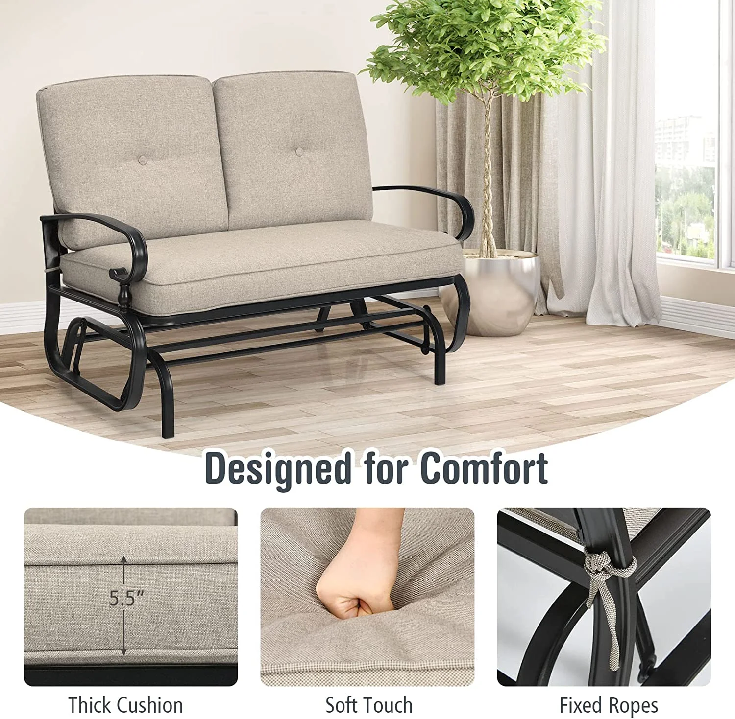 Outdoor Glider Bench Patio Loveseat with Cushions, 2-Person Outdoor Rocking Chair, Porch Glider Swing for Garden, Backyard, Poolsise