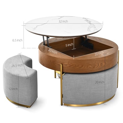 DWVO 32" L Round Marbling Pattern Slate Coffee Table with Storage 3 Stools Wood Rustic Boho Lift Top Coffee Table Set for Living Room