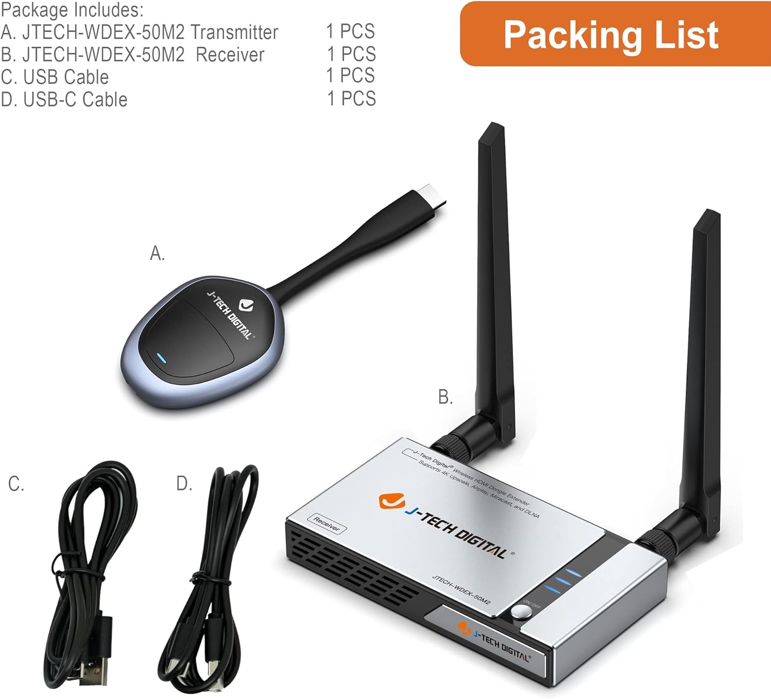 J-Tech Digital HDMI Wireless Extender Dongle Adapter Kit 1080p 98 Feet w/ Airplay, Smart View, Miracast & 4K Upscale [JTECH-WDEX-50M2]