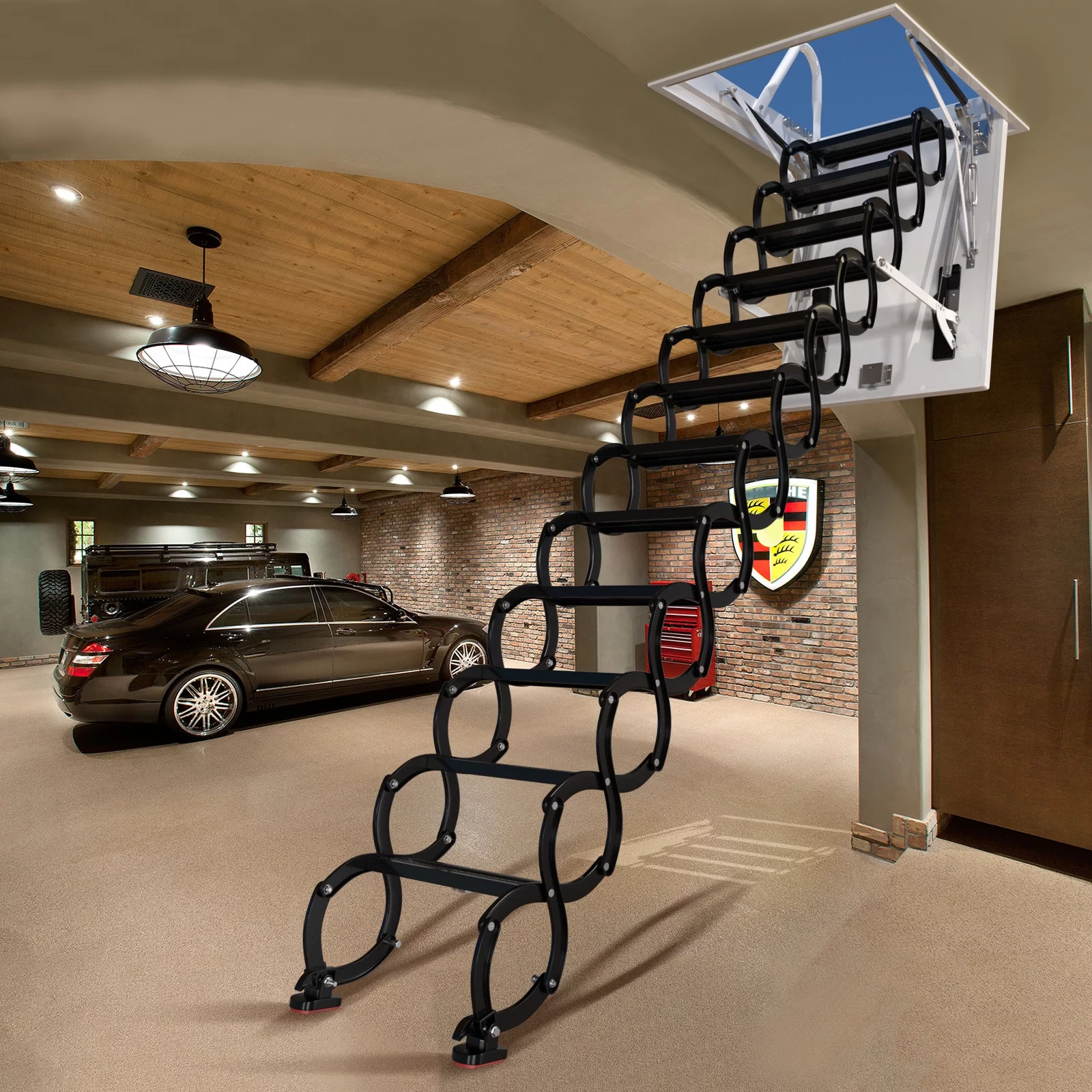 Motor Genic 12 Steps Black Loft Wall Folding Pulldown Attic Ceiling Ladder Stairs 39.4*27.6"