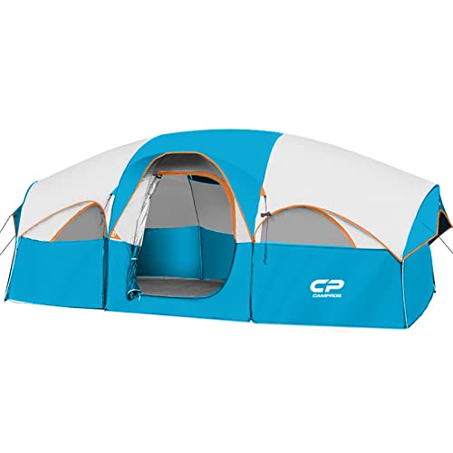 CAMPROS CP Tent 8 Person Camping Tents, Weather Resistant Family Tent, 5 Large Mesh Windows, Double Layer, Divided Curtain for Separated Room