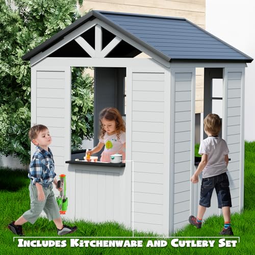 All Spruce Outdoor Kids Playhouse, Toddler Playhouse Wooden Playhouse for Kids Ages 3-10, with Sink, Stove, Flower Pot Holders, Phone