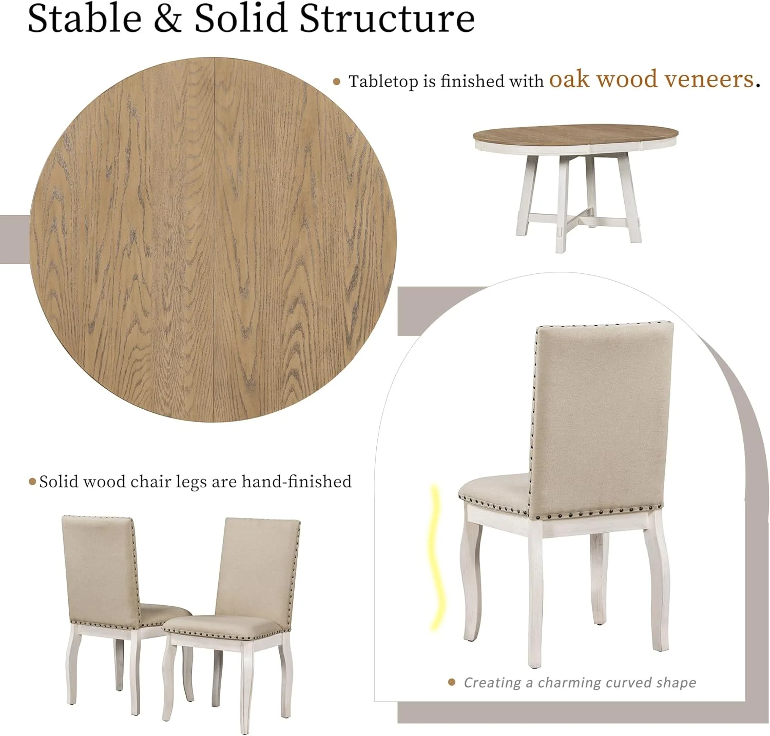 5-Piece Farmhouse Extendable Round Dining Table and Upholstered Chair Set, Round Dining Table with Shelf, Wood Dining Table Set for Family Dining Area