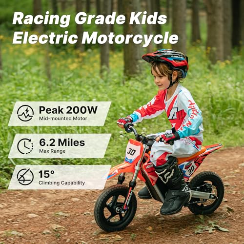 OLALA 36V Electric Dirt Bike for Kids Aged 4-8, Brushless 350W Racing Grade Electric Motorcycle, Up to 18.6MPH & 3 Speed Settings, Dual Disc Brakes