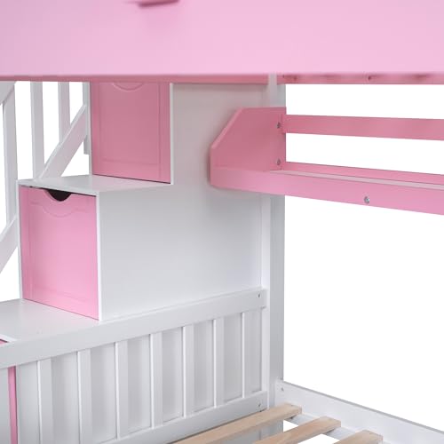SOFTSEA Twin Over Twin Bunk Bed with Slide and Storage Solid Wood Bunk Bed Frame with Staircase and Drawers, Pink