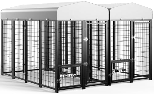 SINO LUBAN Outdoor Dog Kennel Outside Run with Doggy Door, Swivel Feeder&Roof