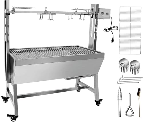 Portable BBQ Whole Pig, Lamb, Goat Charcoal Spit Rotisserie Roaster Grill, 25 Watt Motor, Stainless Steel, With Back Cover Guard,with Baffle