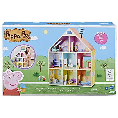 Peppa Pig Wooden Deluxe Playhouse, 8 Rooms, Includes 2 Fun Figures and 29 Accessories, Made of Responsibly Sourced Wood