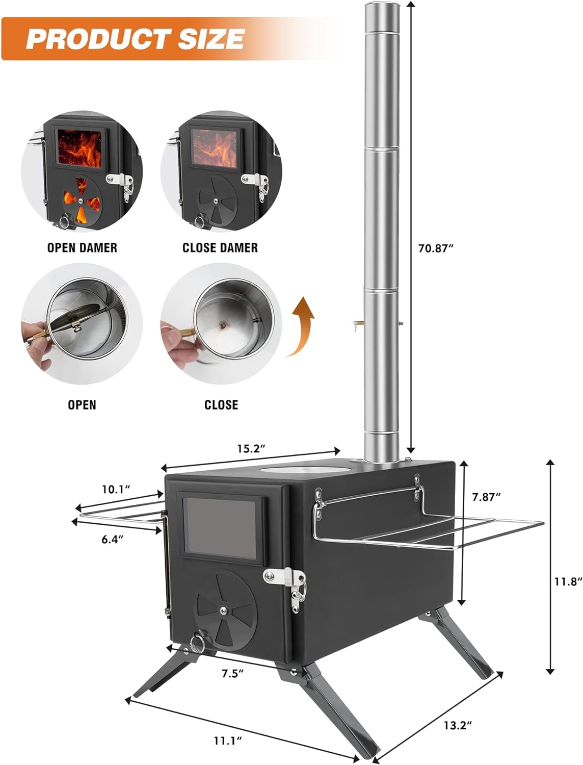 Wood Burning Stove for Hot Tents, Camping Stove with Chimney Pipes for Tents, Shelter, Outdoor Portable Wood Stove for Cooking and Heating