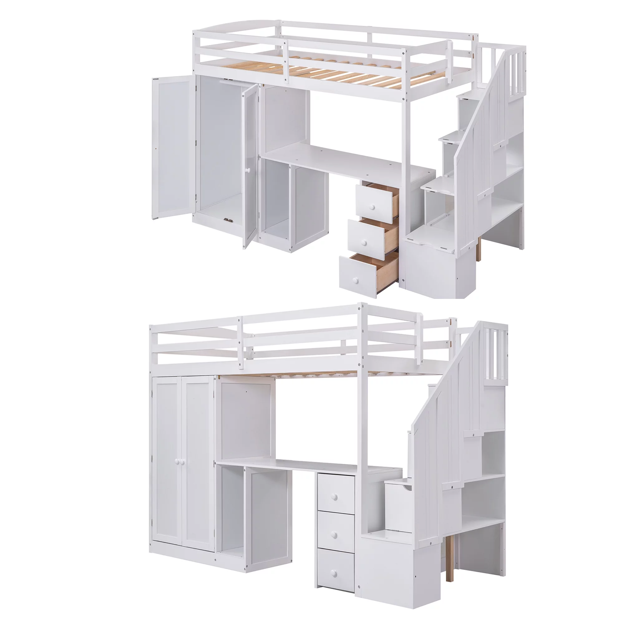 Bellemave Twin Size Loft Bed with Wardrobe and Staircase, Desk and Storage Drawers and Cabinet, Wood All-In-One Loft Bed Frame for Kids, Teens (White)