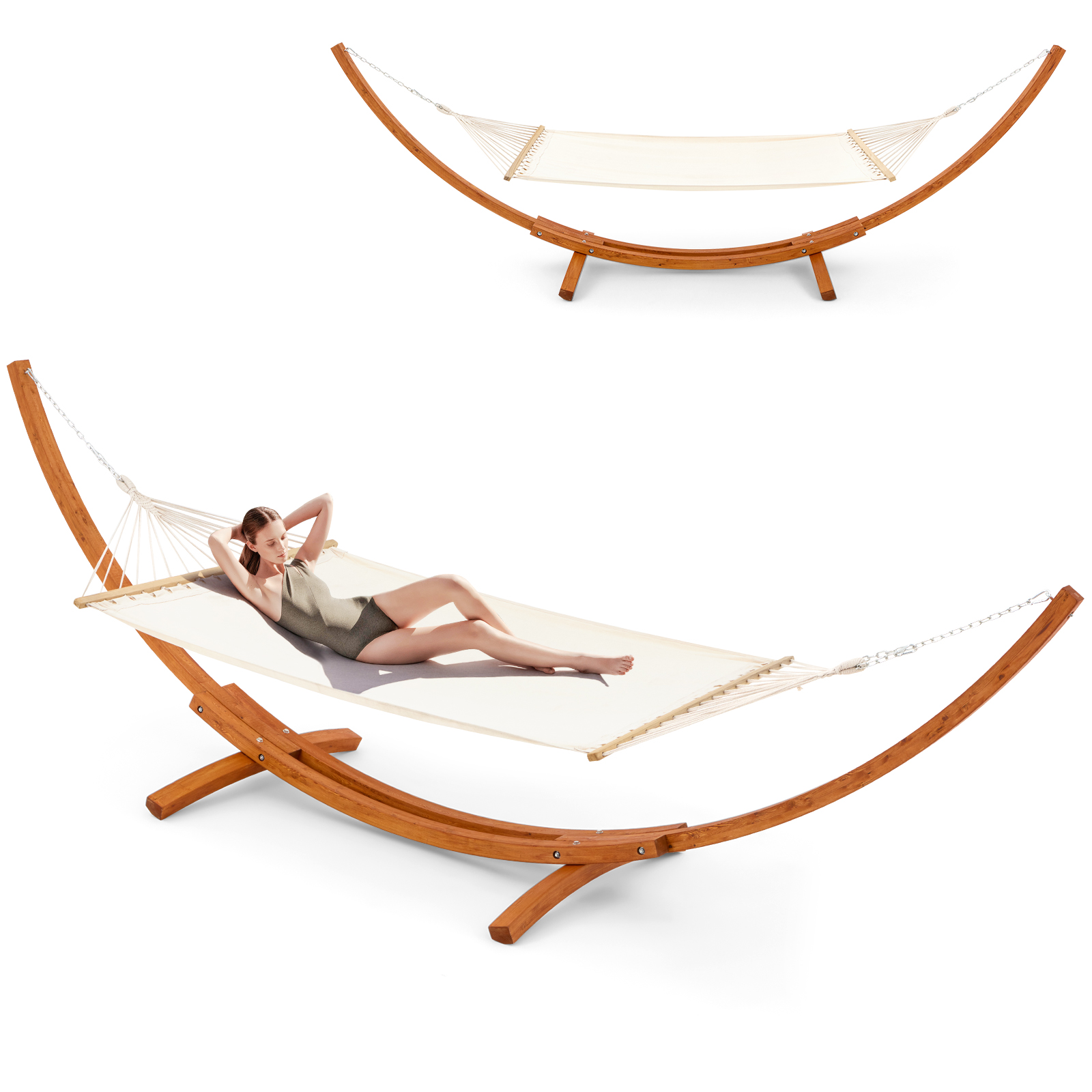 AVAWING 14FT Wooden Double Hammock with Stand 2 Person Heavy Duty, Easy Assemble, Weatherproof Premium Quilted Camping Hammock for Outdoor
