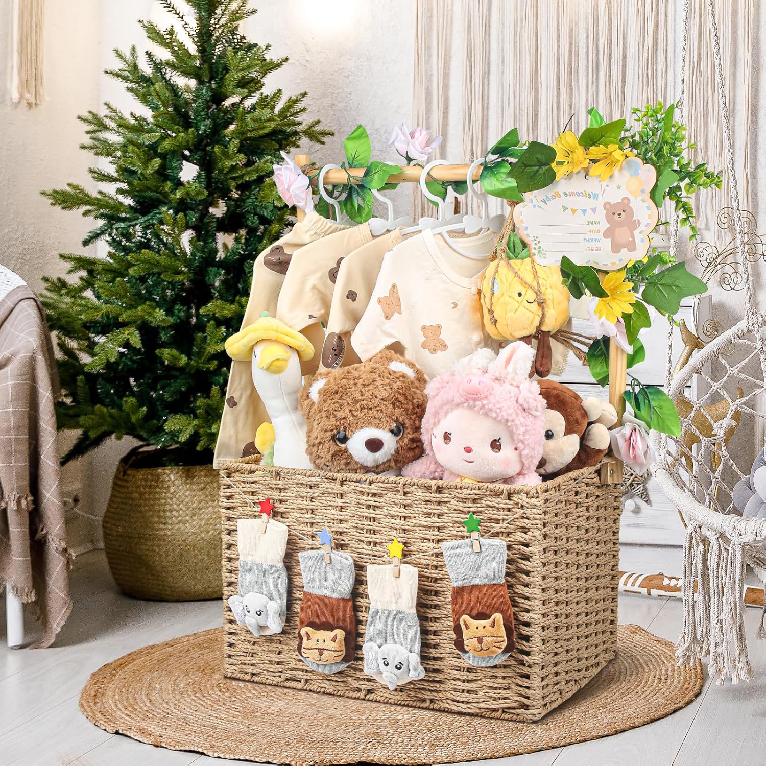 Wooden Woven Baby Shower Crate – Foldable Storage Basket with Handles, Handwoven Gift Box for Baby Shower &amp; Newborn Essentials