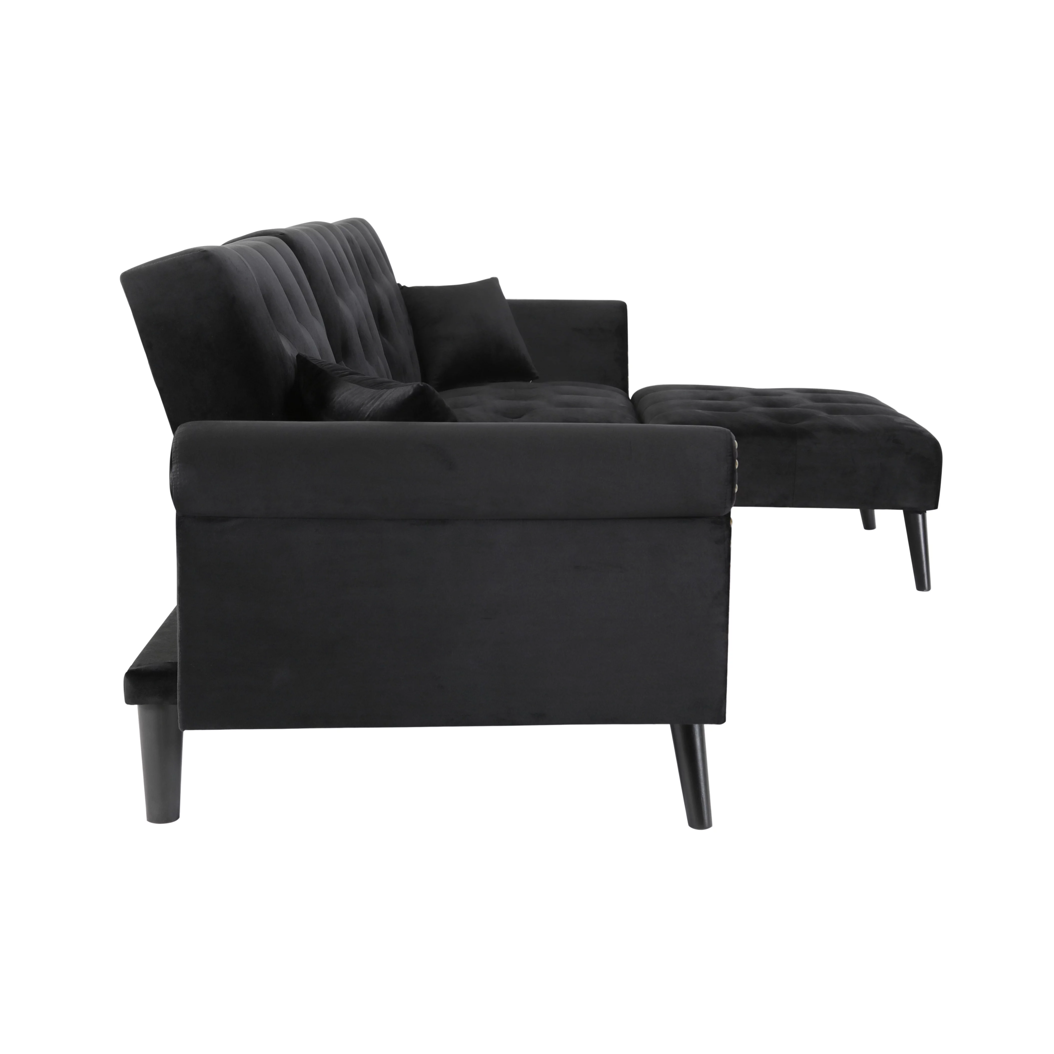 BSHTI 115 inch Stylish Minimalist Sectional Sofa Couch,Velvet Sleeper Futon bed with Reversible Chaise for Living Room(Black)