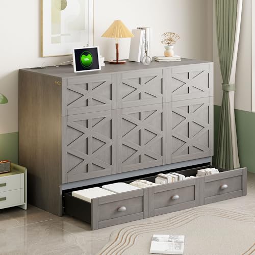 Harper & Bright Designs Full Size Murphy Bed Wall Bed, Solid Pine Murphy Bed Chest Cube Cabinet Bed with USB