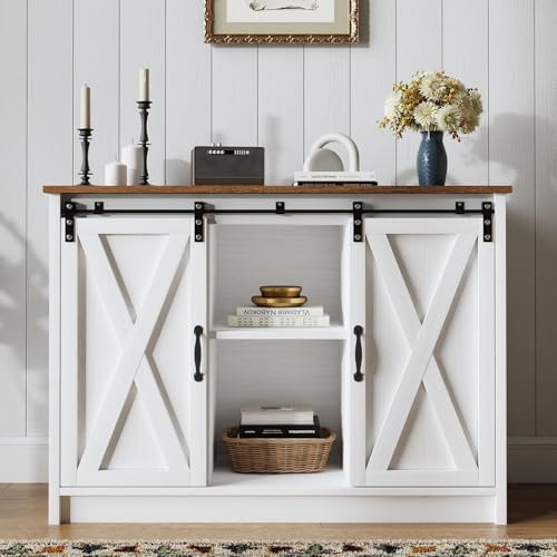 4 EVER WINNER Coffee Bar Cabinet with Sliding Barn Doors, 42” Sideboard Buffet Cabinet with Storage