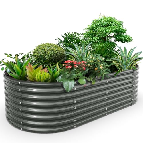A ANLEOLIFE 8X4X1.5 ft Galvanized Raised Garden Beds Outdoor, Oval Large Metal Planter Box for Planting Vegetables Flowers Herb