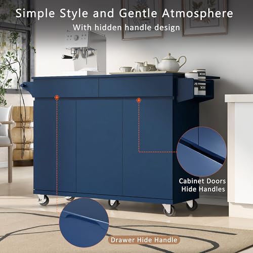 55.7'' Large Kitchen Island with 2 Drop Leaf, Rolling Kitchen Cart on 5 Wheels with Power Outlet