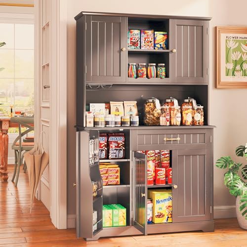 Gizoon 67.7" Kitchen Pantry Cabinet with Microwave Shelf Tall Coffee Bar Cabinet with Storage Kitchen Hutch with Countertop for Dining Room and Craft