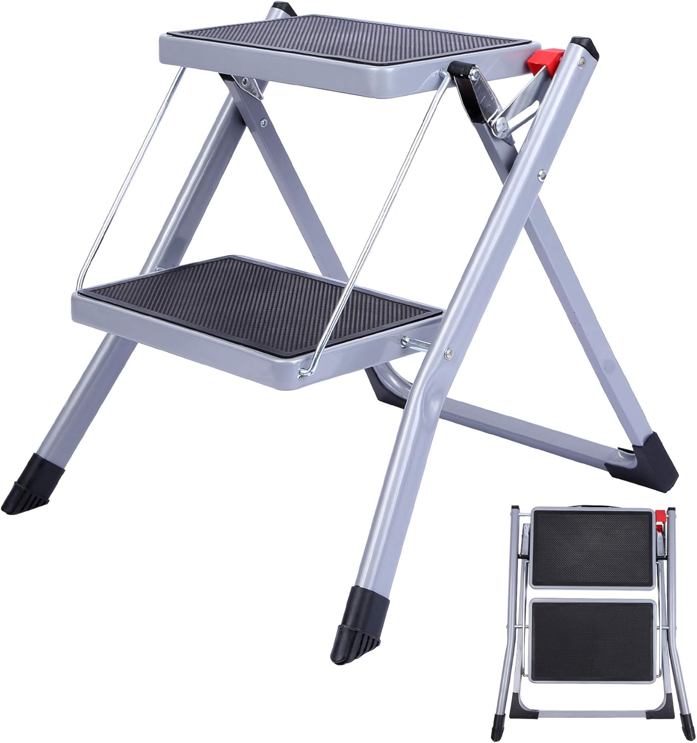 Varbucamp 2 Step Stool Folding Step Stool for Adults, Lightweight Portable Small 2 Step Ladder with Wide Pedal for Kitchen and Household, Black