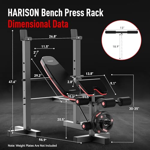 HARISON 6 in 1 Weight Bench Set with Leg Extension and Preacher Curl, 660LBS Workout Bench Press Rack for Home Gym with Resistance Bands