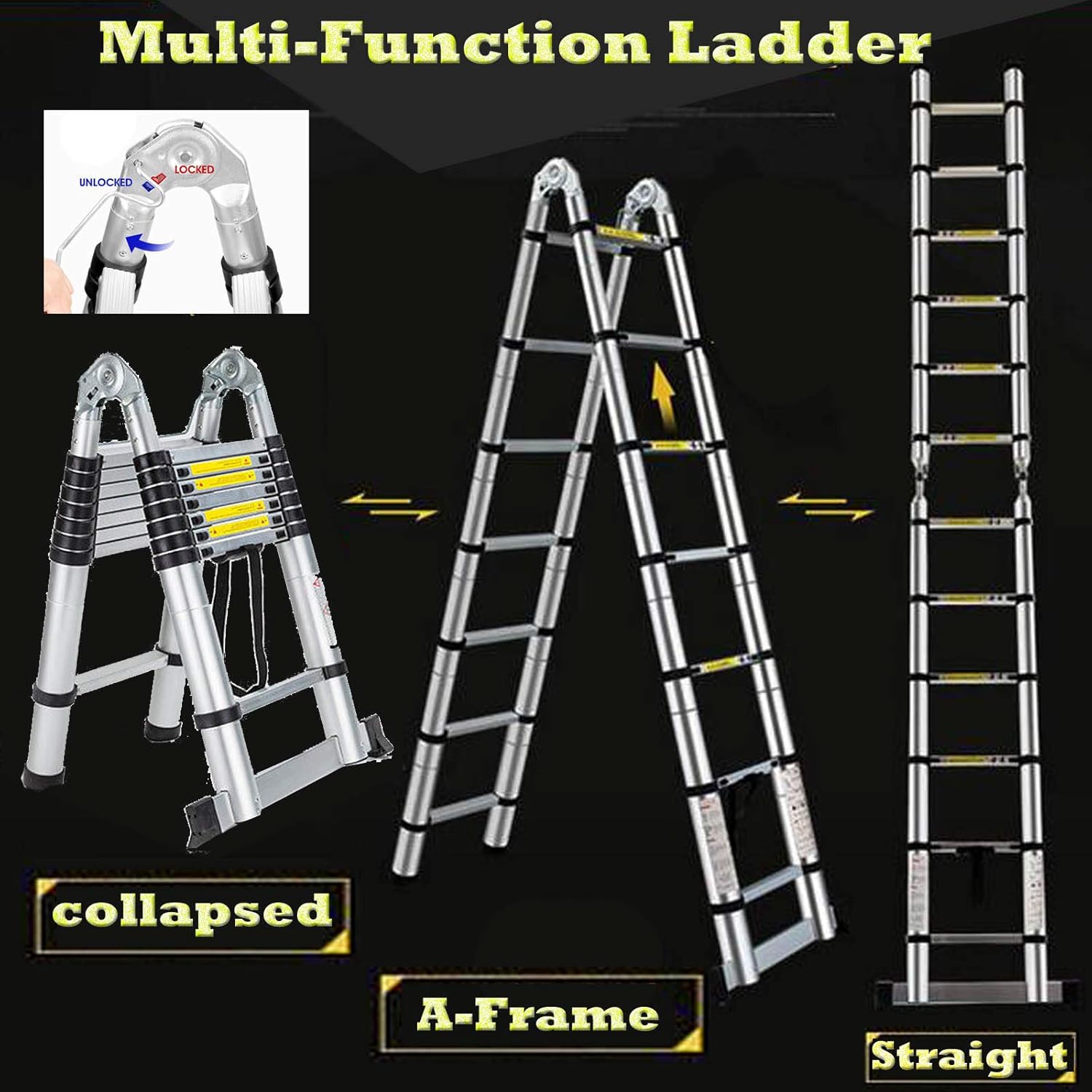 16.5FT Aluminum Telescoping Extension Ladder 330lbs Max Capacity A-Frame Lightweight Portable Multi-Purpose Folding with Support Bar Anti-Slip EN131