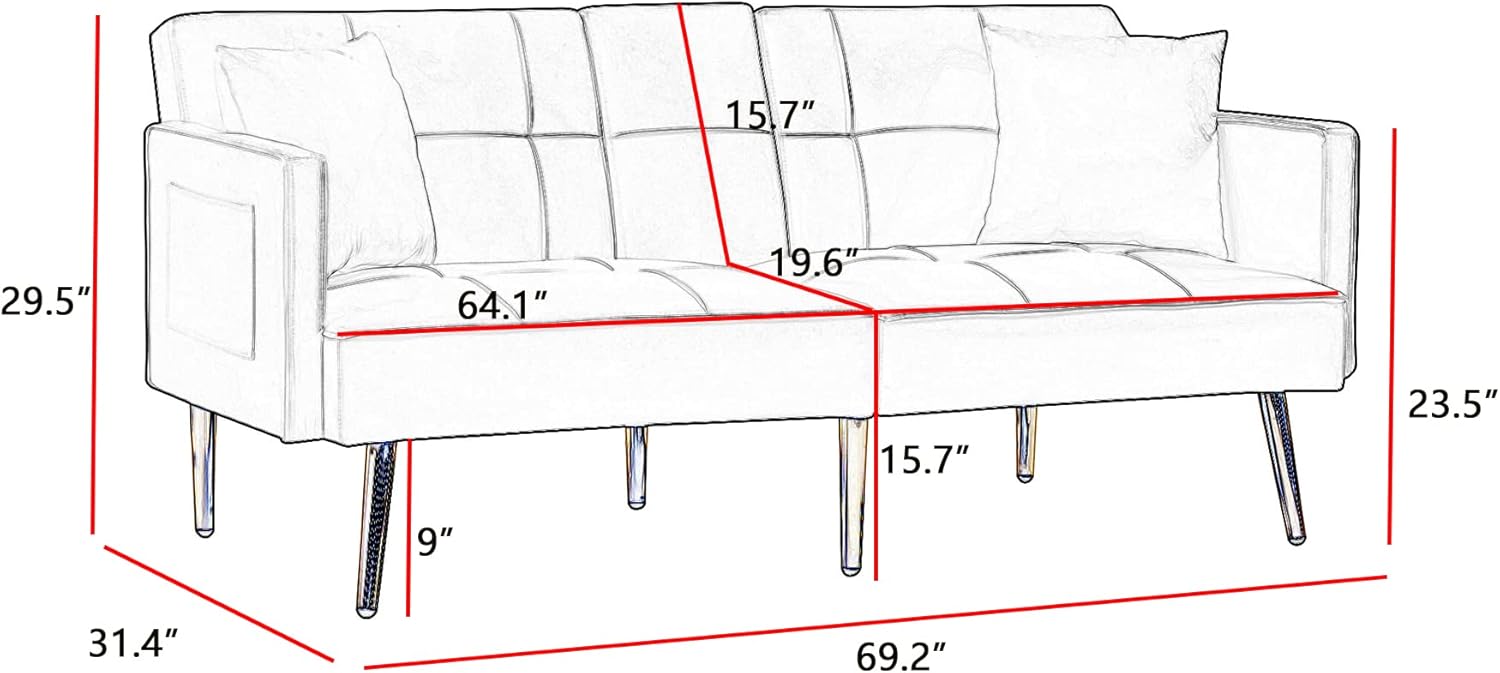 WILLIAMSPACE 69" Velvet Modern Convertible Love Seat, Futon Loveseat Sleeper Sofa Bed with 2 Cup Holders, Metal Legs for Small Living Room