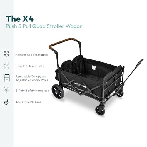 WONDERFOLD X4 Push & Pull Stroller Wagon (4 Seater) - Collapsible Wagon Stroller with Seats with 5-Point Harnesses, Adjustable Push Handle