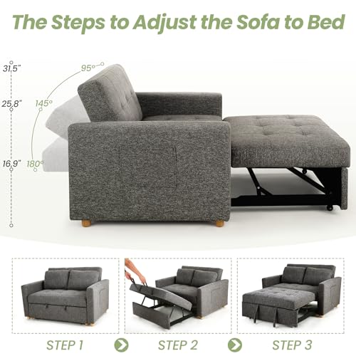 SEJOV 3-in-1 Convertible Sofa Bed, Linen Fabric Sleeper Couch Pull Out Bed, 49" 2-Seater Loveseat Futon Sofa with Spring Support