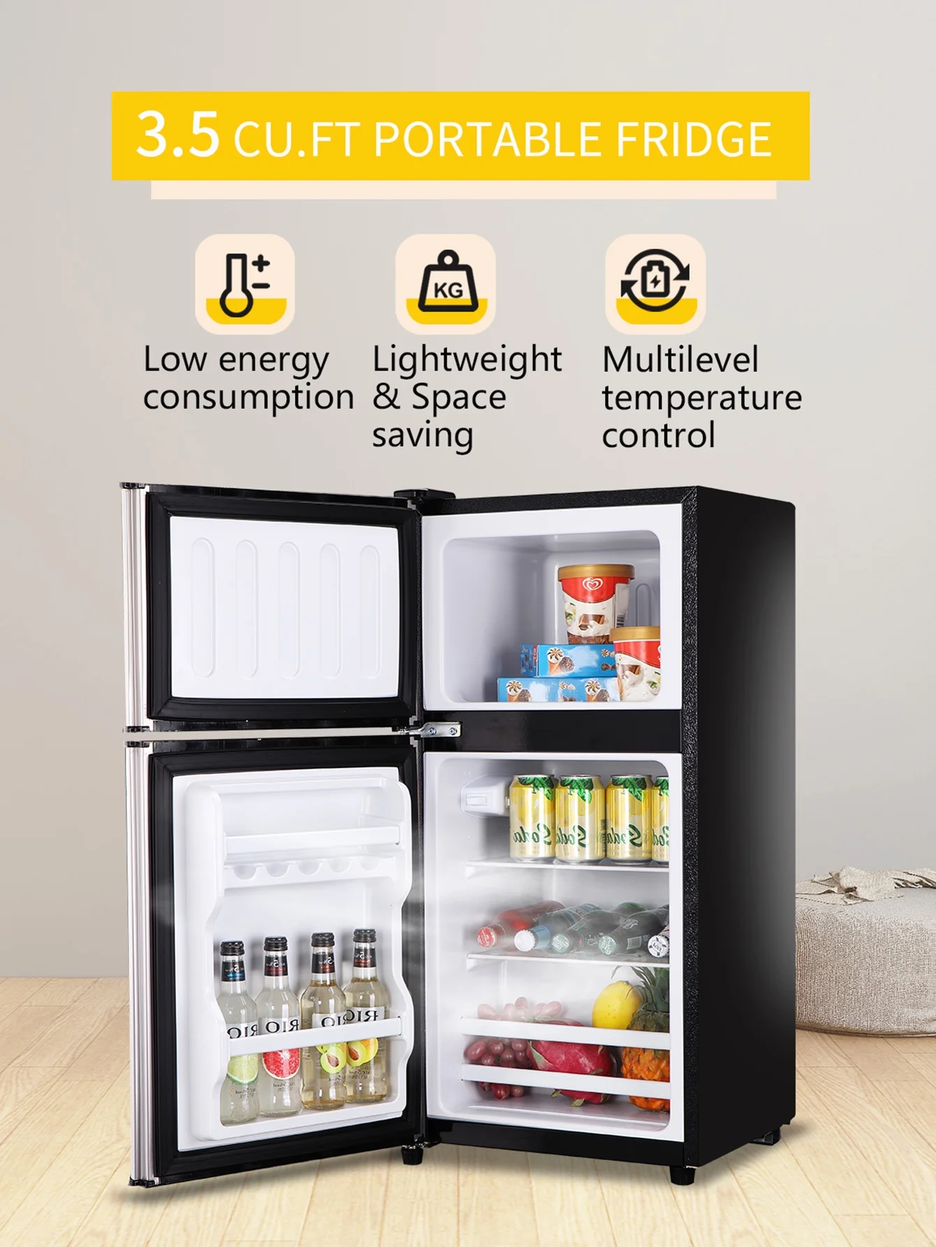 KRIB BLING 3.5 Cu.ft Mini Fridge with 7 Level Thermostat, Compact Refrigerator with Freezer on Top, Ideal for Dorm, Office, Black