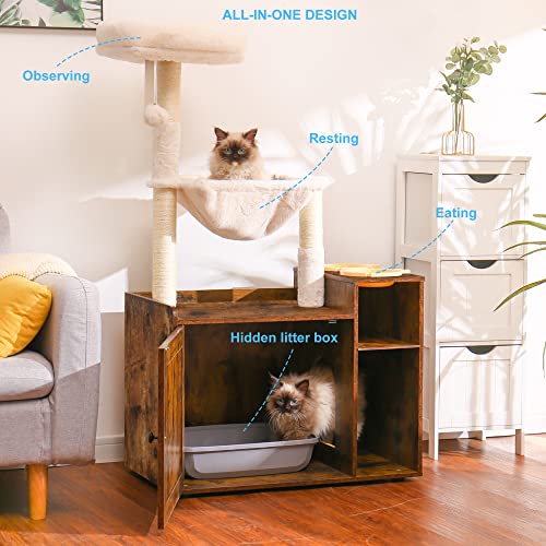Hey-brother Cat Tree with XL Litter Box Enclosure, All-in-one Cat Tower for Indoor Cats with Large Hammock, Bed, Food Station, Scratching Posts