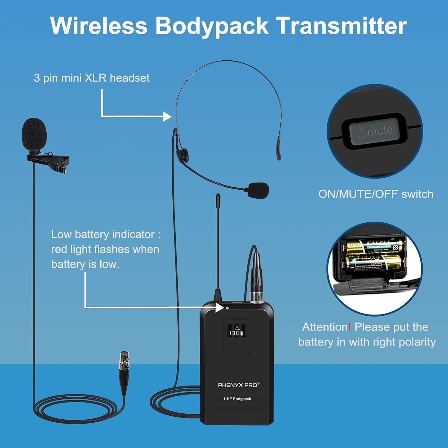 Wireless Microphone System, Phenyx Pro Dual Channel Cordless Mic Set with Handheld/Bodypack/Headset/Lapel, 2x100 Channels, Auto Scan, Lock Function