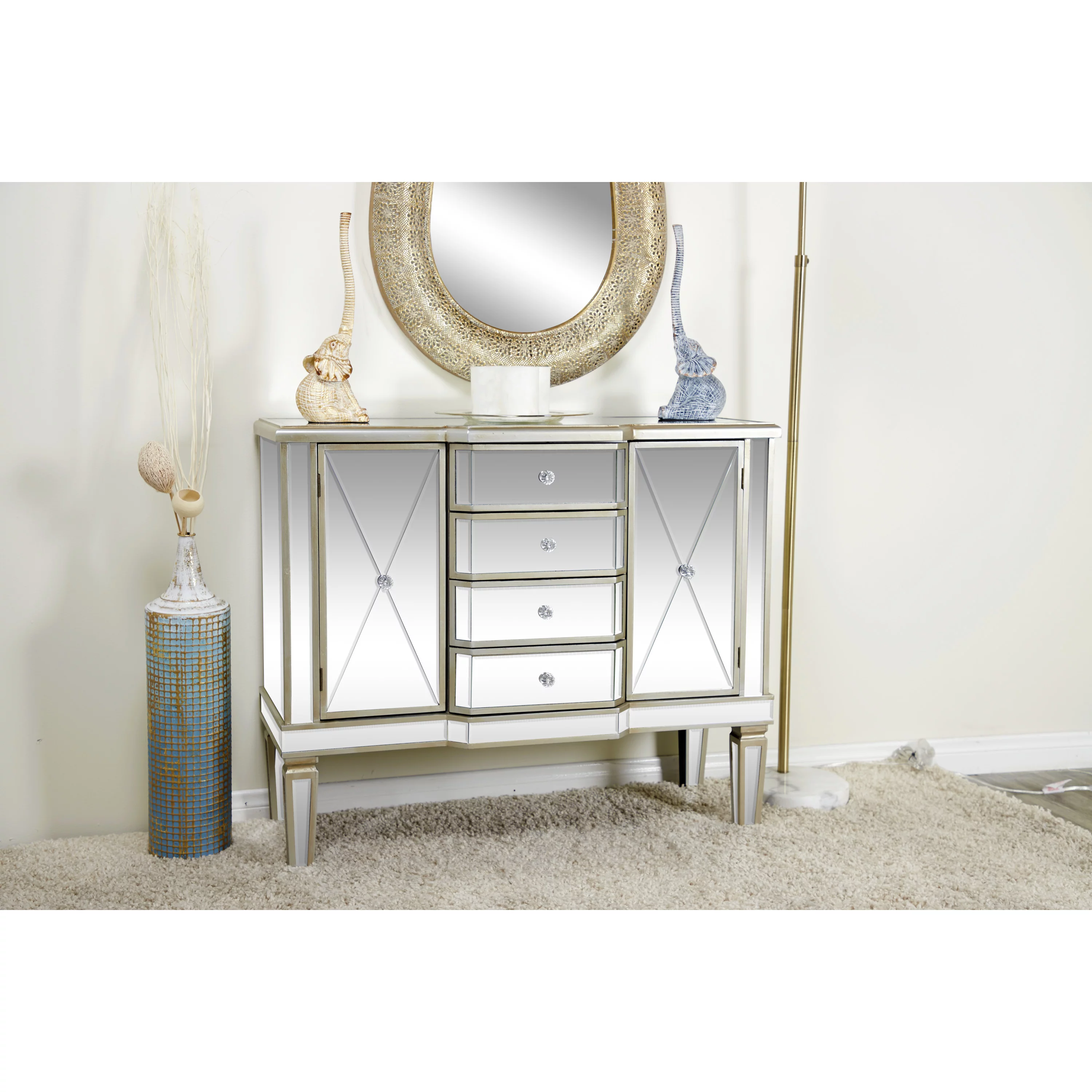 DecMode 39" x 34" Silver Wood Mirrored Panel 4 Drawers 2 Shelves and 2 Doors Buffet with Acrylic Knob Handles, 1-Piece