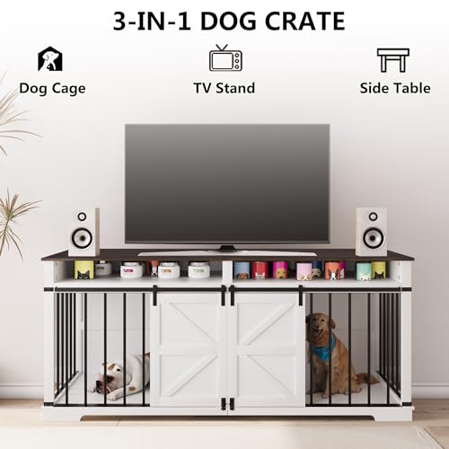 Aoowow Large Double Dog Crate Furniture 72.4" Indoor Dog Kennel with Sliding Barn Door and Divider