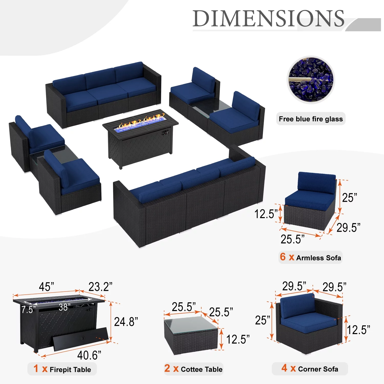MF Studio 13 Pieces Outdoor Patio Furniture Set with 45-Inch Fire Pit Table Wicker Patio Conversation Set, Navy Blue