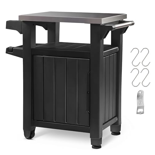 Keter Outdoor Rolling Table Cart for Food Prep, Storage, Bar & Grill, Dark Brown - Portable Kitchen Island Tabletop with Wheels for Drinks, Snacks