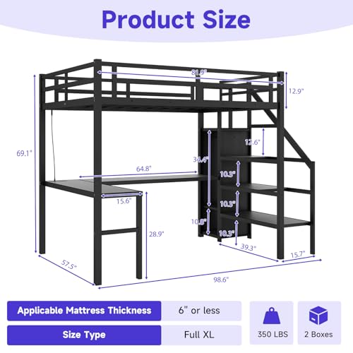 Full Size Metal Loft Bed Heavy-Duty Loft Bed Frame, LED Loft Bed Frame with L Shaped Desk, Wardrobe, Storage Stairs
