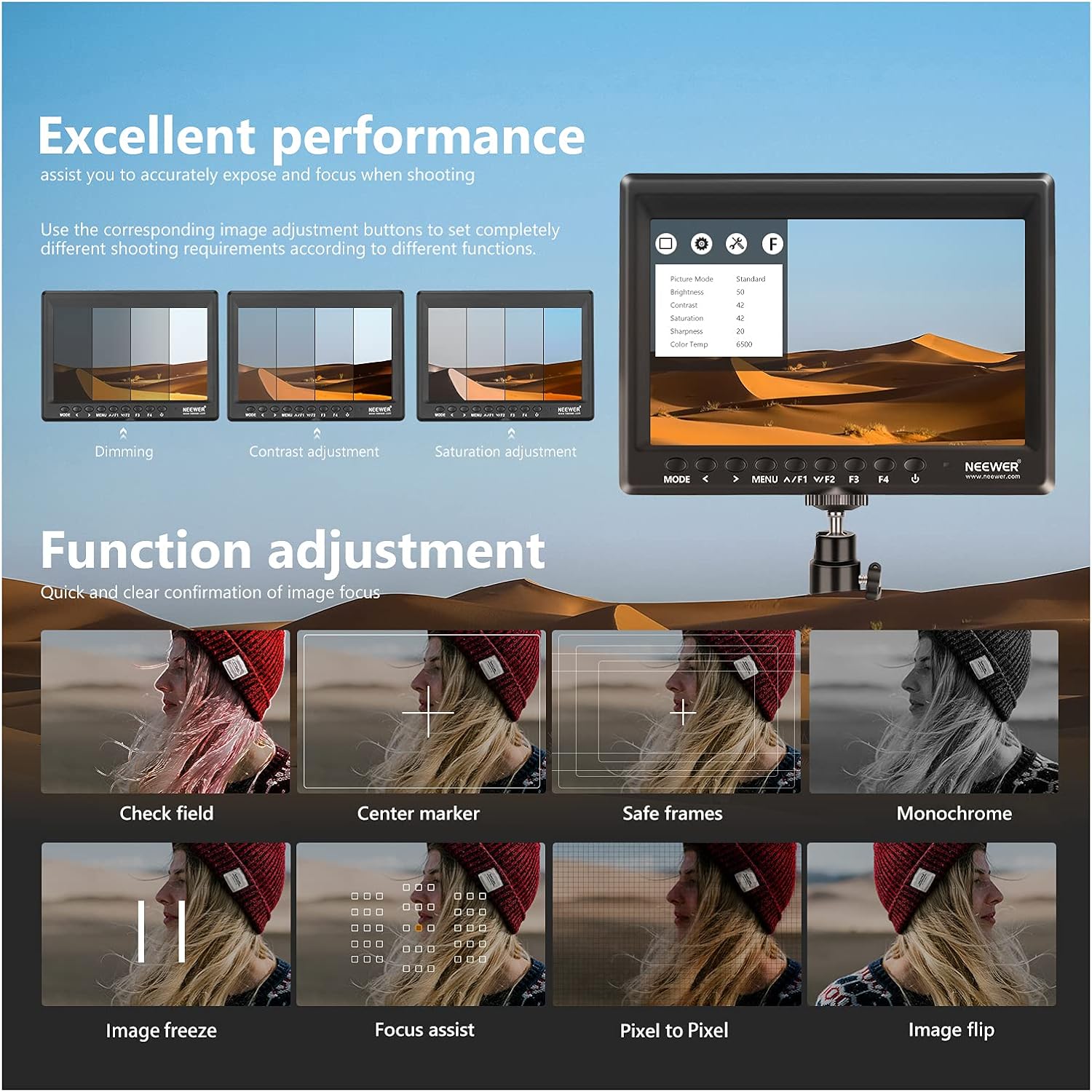 Neewer F100 7inch Camera Field Monitor HD Video Assist IPS 1280x800 4K HDMI Input 1080p with Sunshade and Ball Head for DSLR Cameras