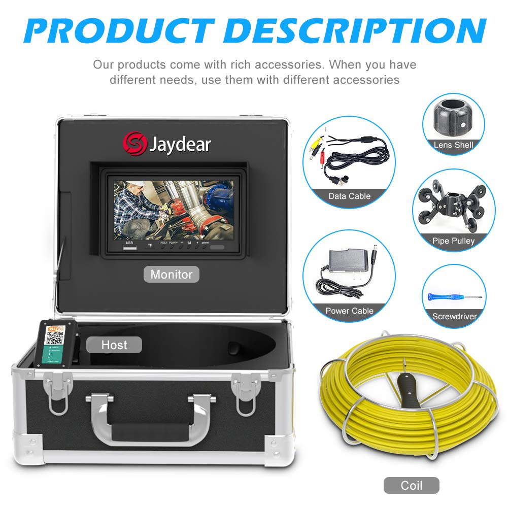 Sewer Camera, 165ft/50m Wireless Sewer Inspection Camera for Android/iOS, Max Connected to 5 Device, 7 Inch LCD Monitor WiFi Endoscope Borescope
