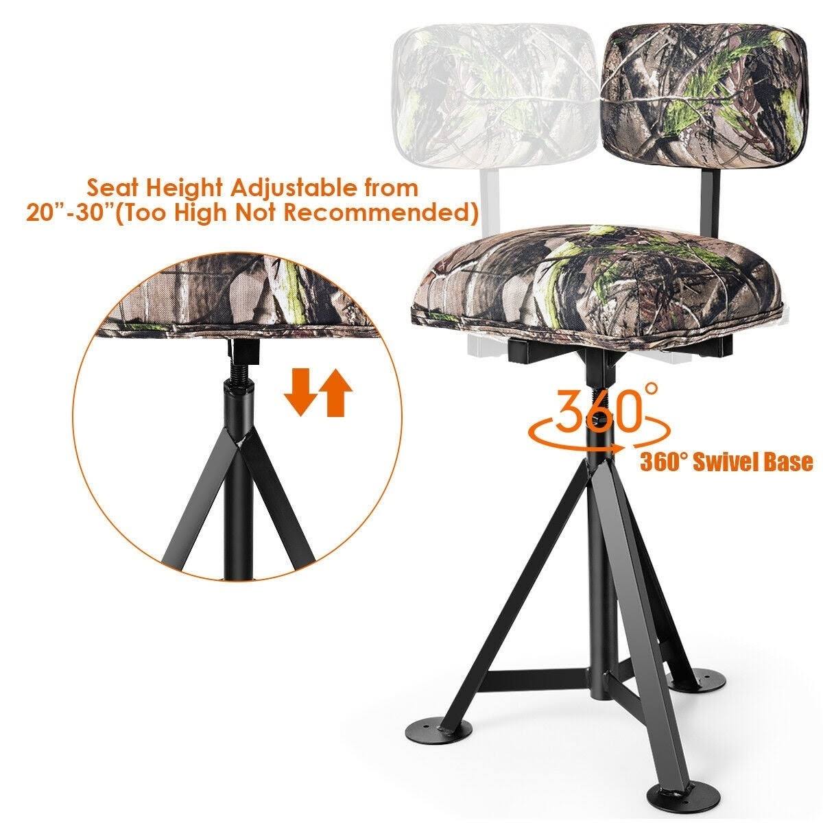 Swivel Hunting Chair Tripod Blind Stool with Detachable Backrest - Camouflage - 16” x 15” x 30”-38.5” (L x W x H)