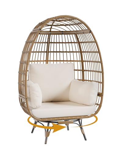 Oversize 360°Swivel Egg Chair Patio Rotating Rattan Egg Basket Lounge Chair, Wicker Egg-Shaped Chair w/Steel Frame Stand and 4 Cushions for Patio