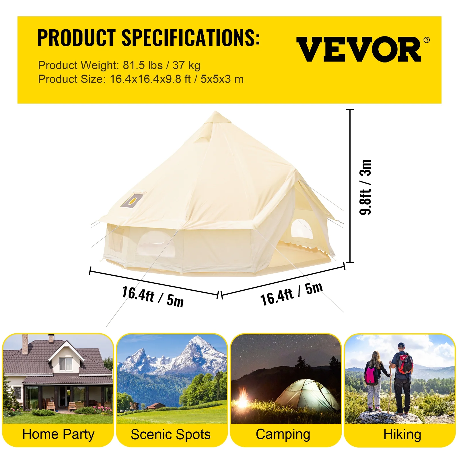 BENTISM 4-Season 8-10 People Large Waterproof Cotton Canvas Bell Tent With Stove for Camping Parties(5M Dia)