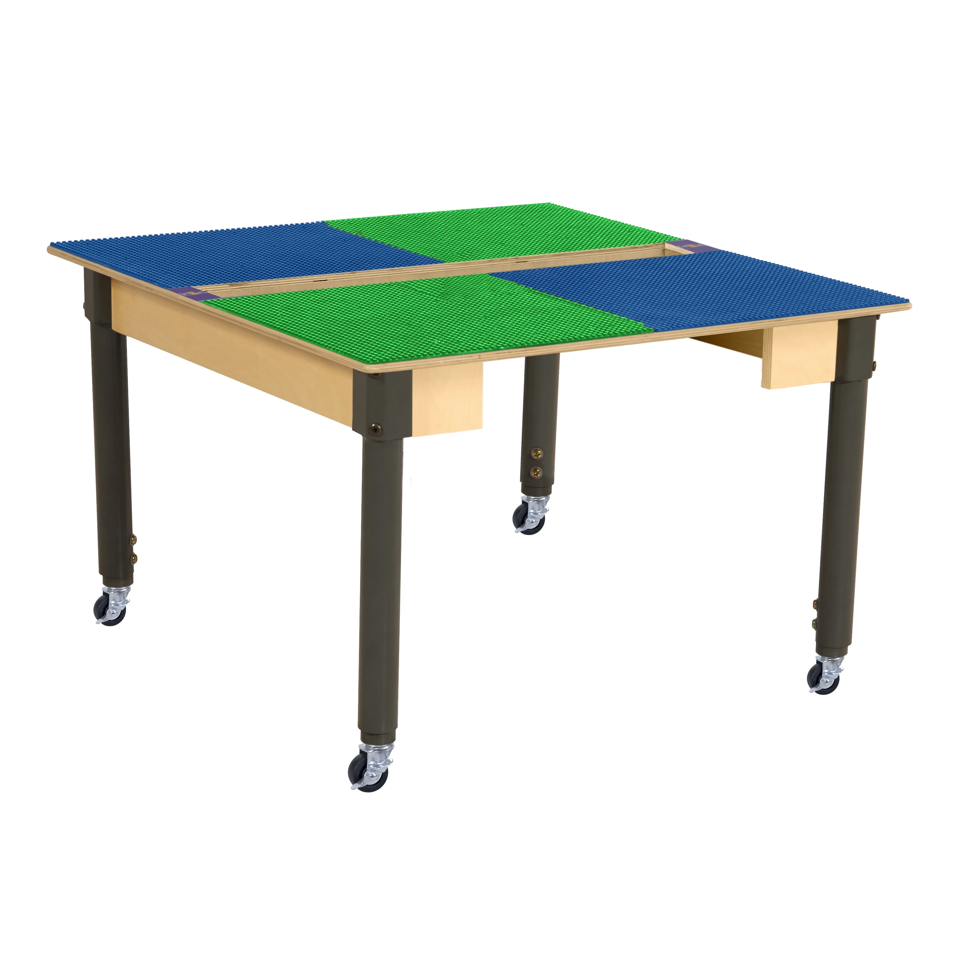 Time-2-Play 35" Square Birch Plywood Blue & Green Montessori Lego Compatible Building Blocks Table with Wheels