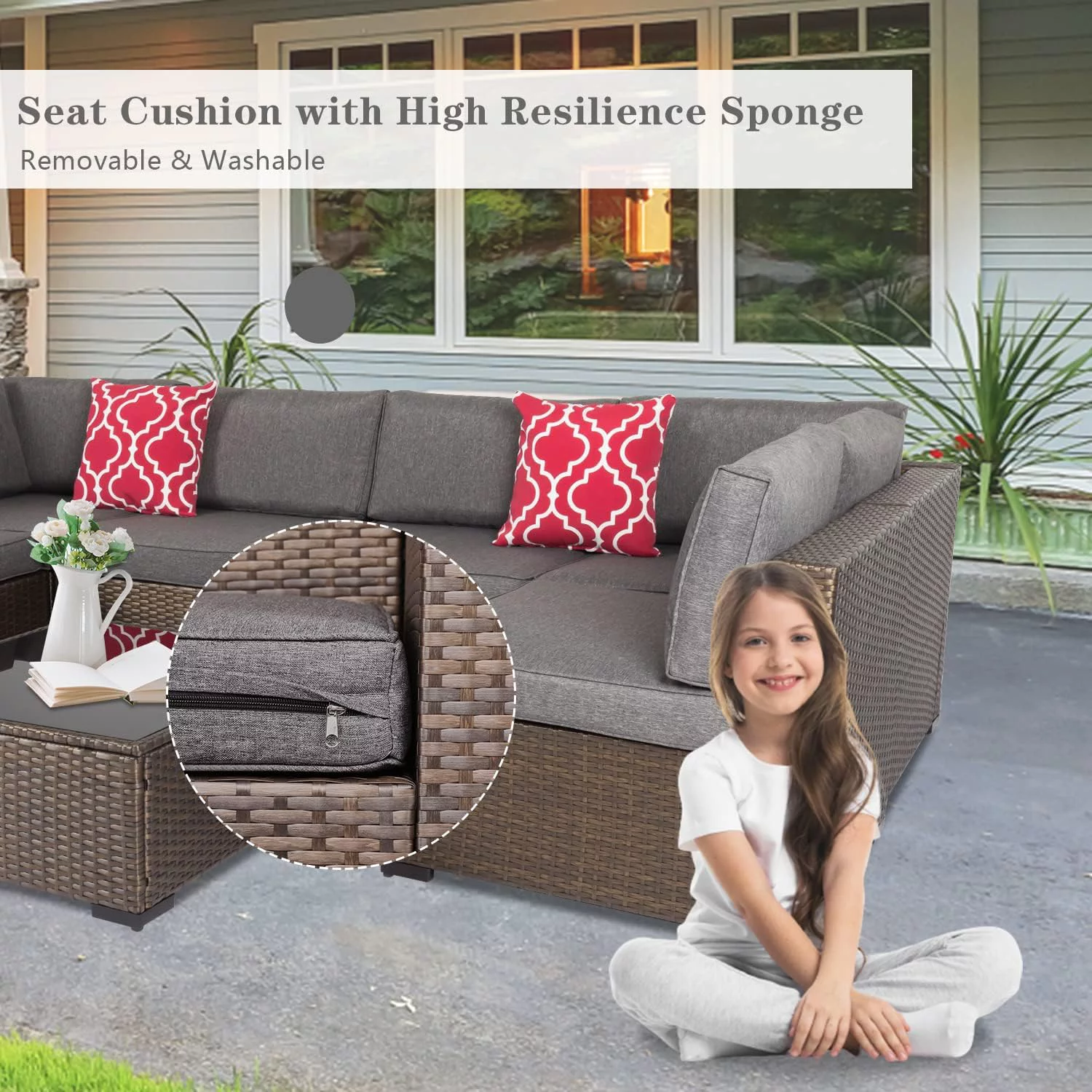Kinbor 7pcs Outdoor Patio Furniture Set Wicker Sectional Sofa with Gray Cushions - Radiant Selections